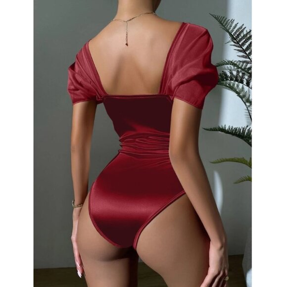 Merlot Satin Bodysuit Sweetheart Neck Sheer Puff Sleeves Size M - Picture 4 of 6